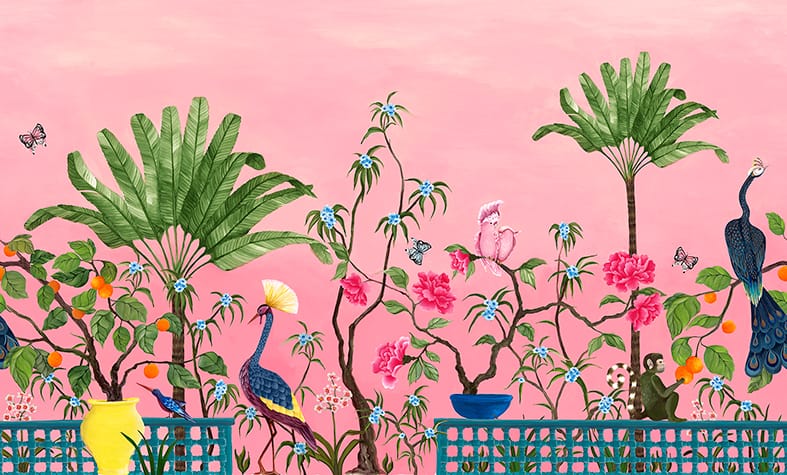 Neo-Tea-Garden-papier-peint-panoramique-exotique-rose