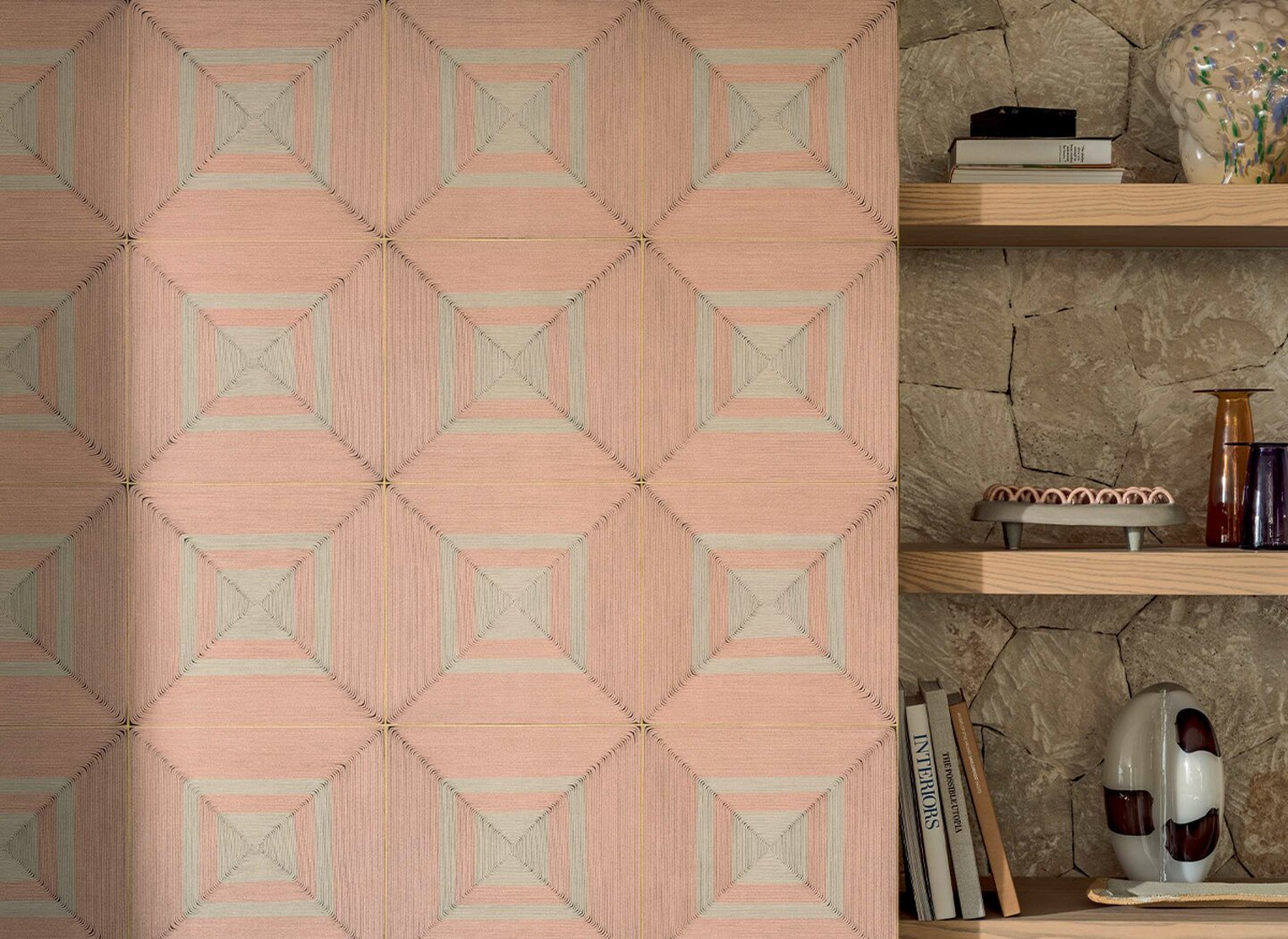 PAPIER PEINT ELITIS Carrés jalonnés ROSE 1