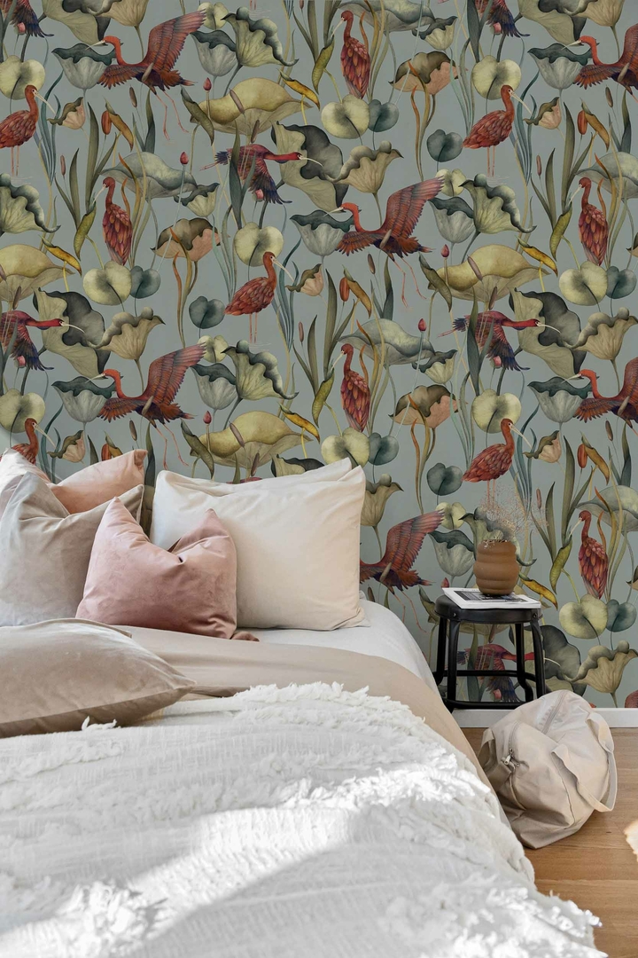 humedales-celeste-papier-peint-oiseaux-fleurs-coordonne