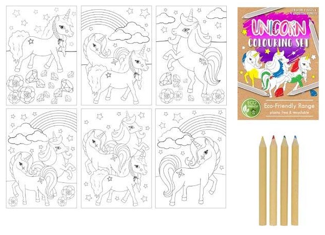 pochette-6-feuilles-a-colorier-4-crayons-theme-licorne