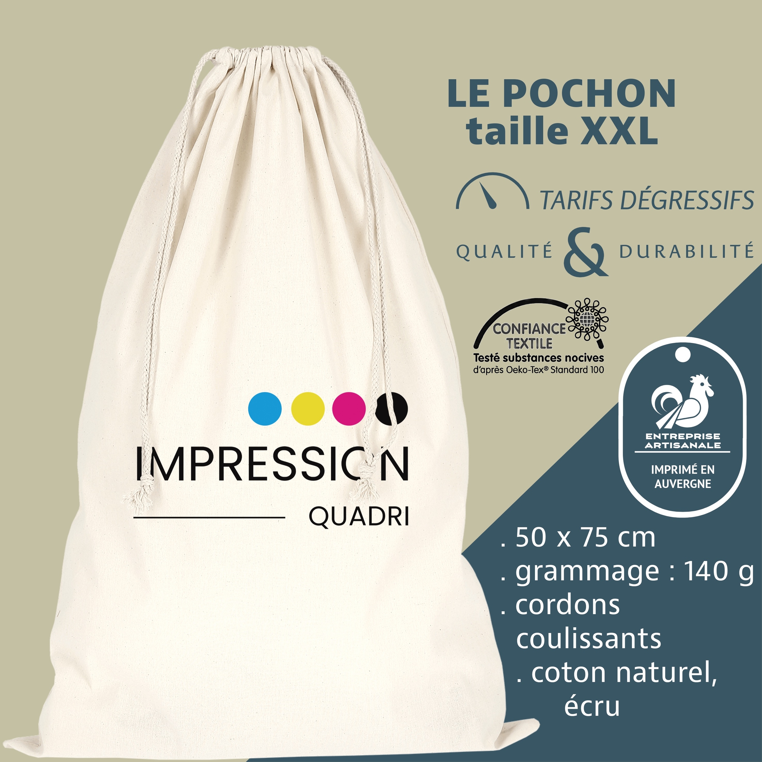 Pochon taille XXL en coton naturel avec cordons de serrage