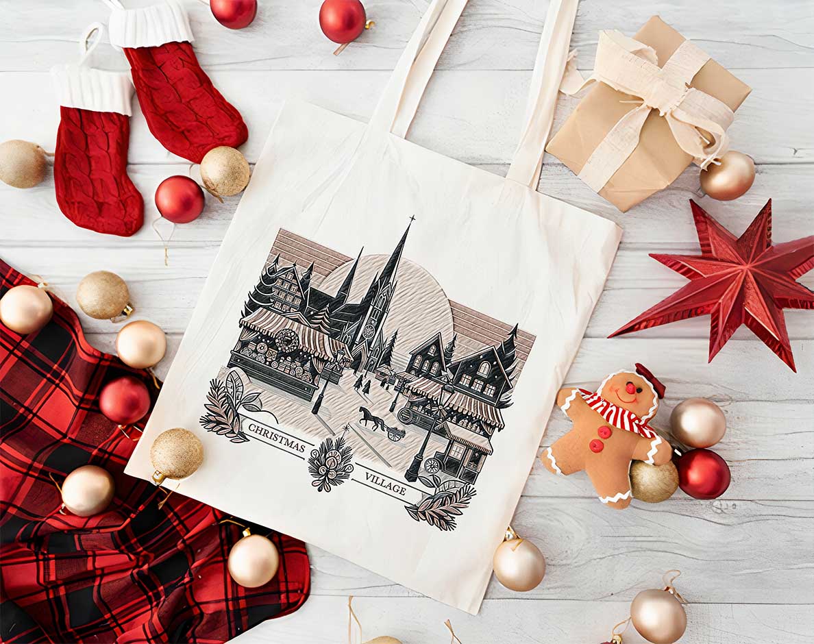 Sacs Village de Noël Illustré, modèles au choix