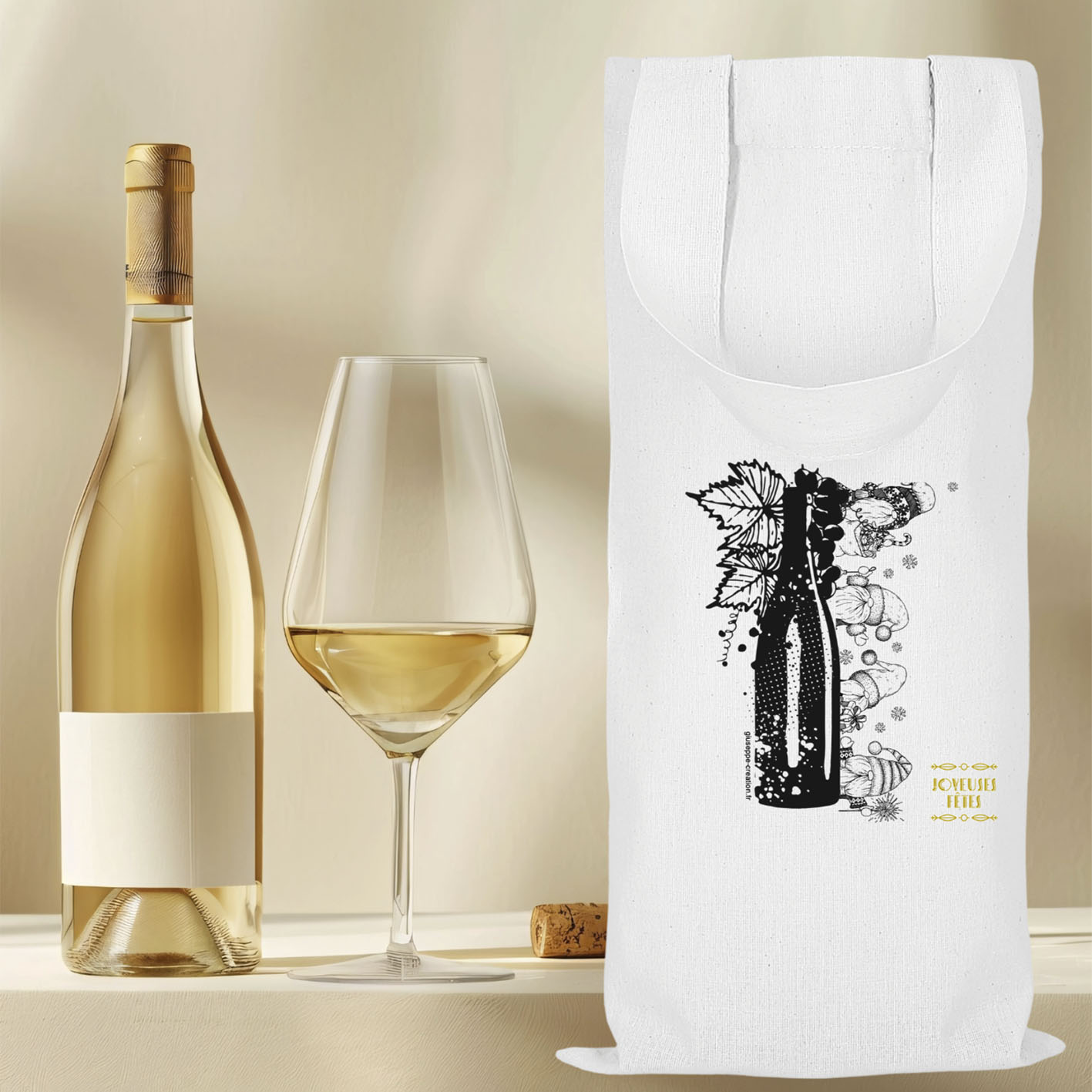 Sac à bouteille en coton blanc avec motif artistique