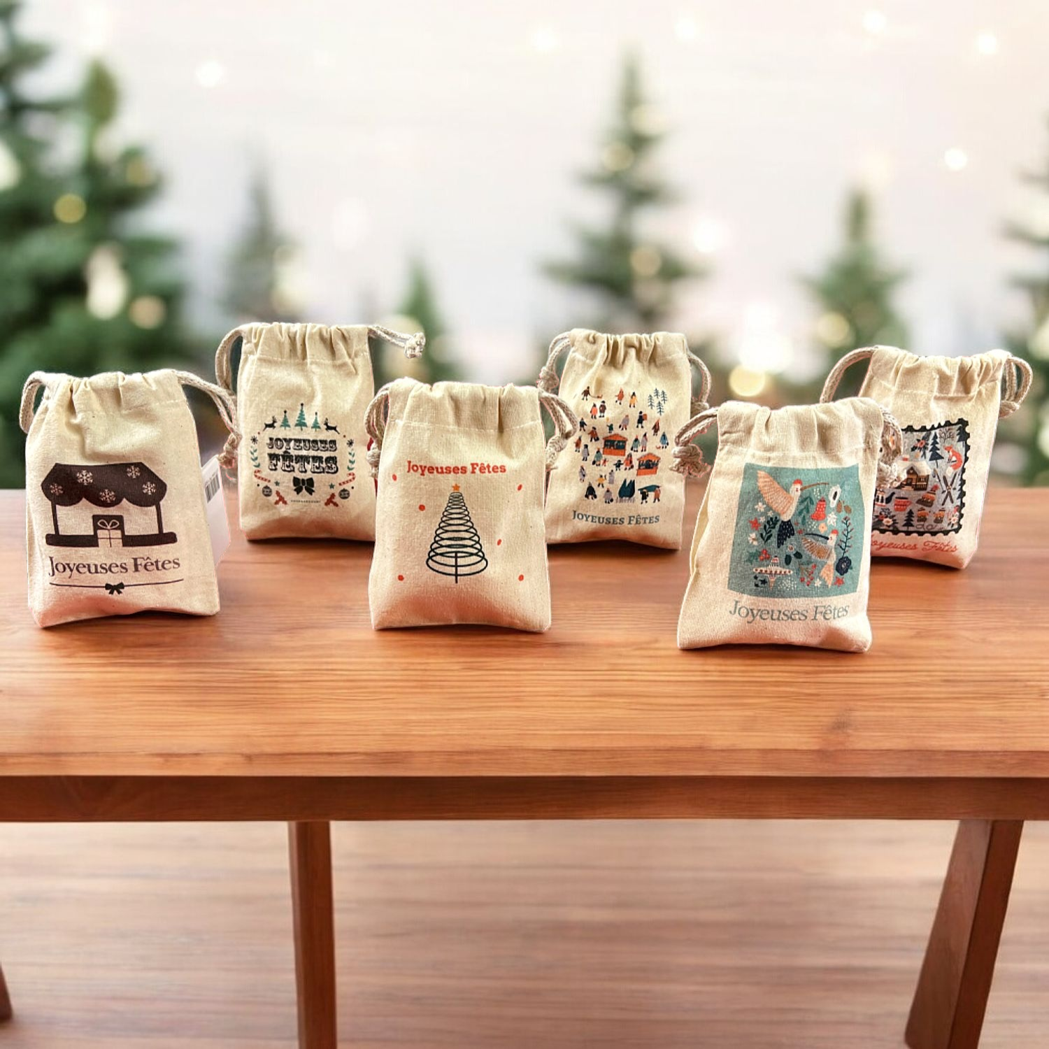 Lot de 6 pochettes coton Joyeuses Fêtes, taille XS