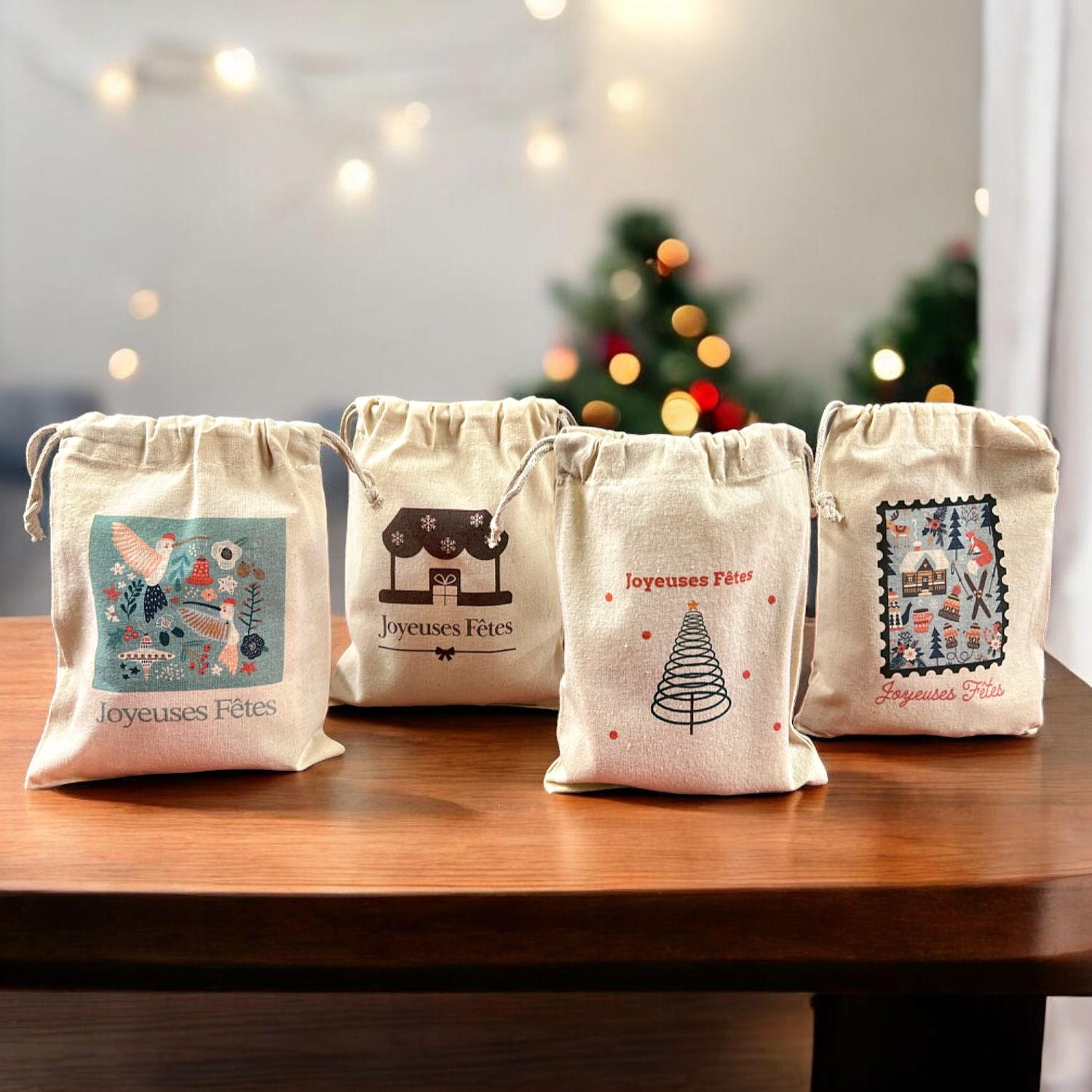 Lot de 4 pochettes coton Joyeuses Fêtes, taille S