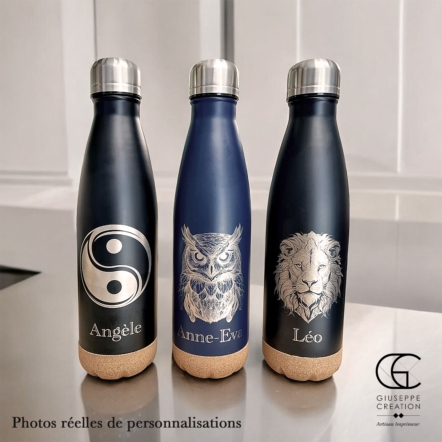 bouteilles double paroi et personnalisées ANNA noire et bleue