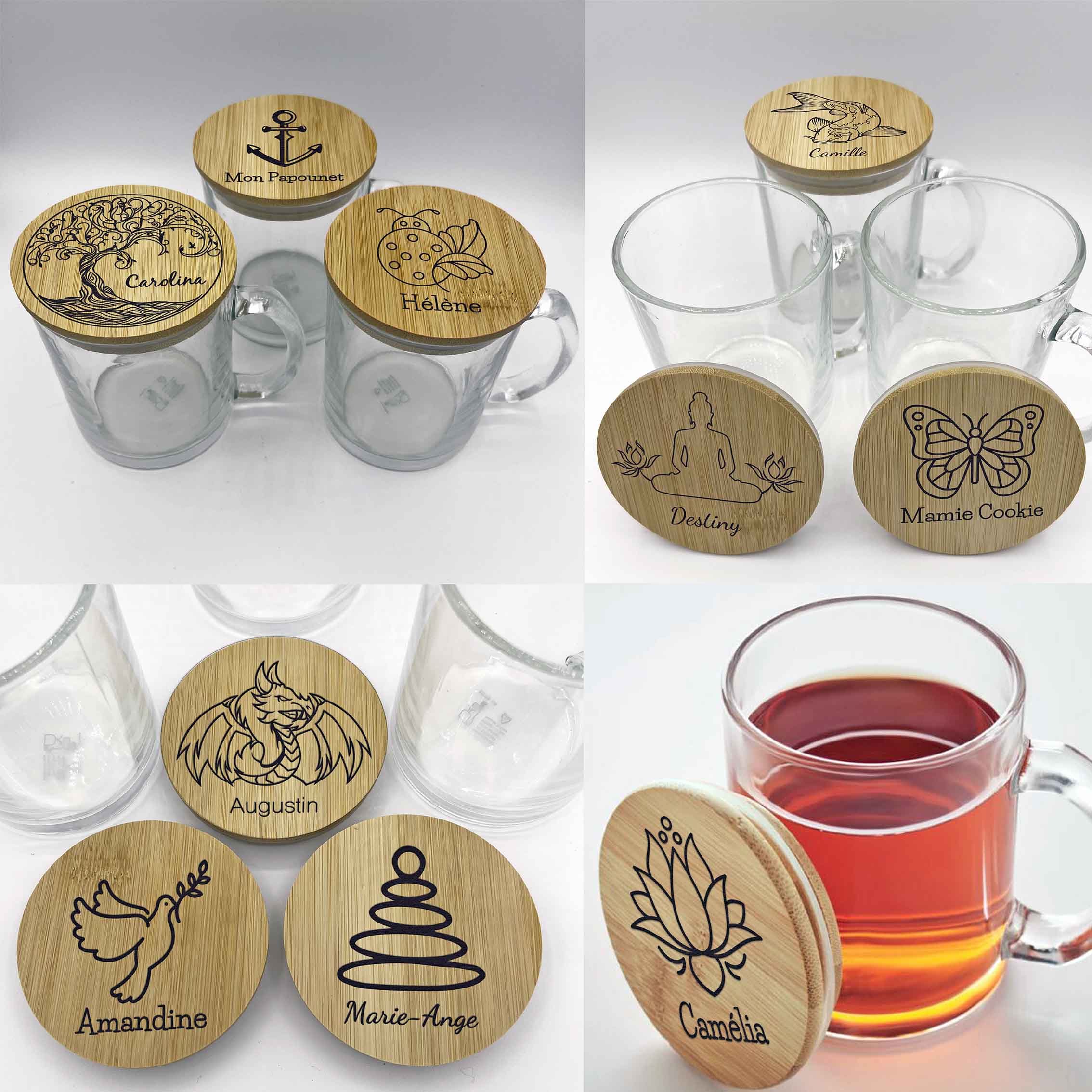 modèle GRAZIE,  mug en verre avec couvercle en bambou, personnalisés par gravure laser