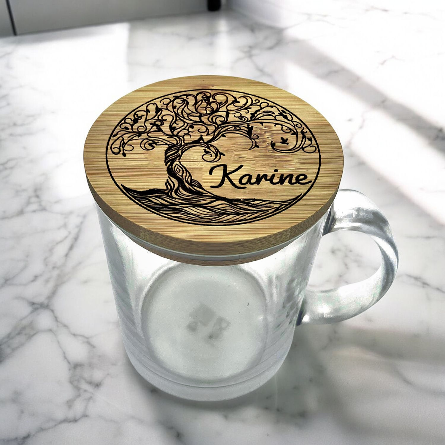 Mugs en Verre Personnalisés avec Couvercle en Bambou