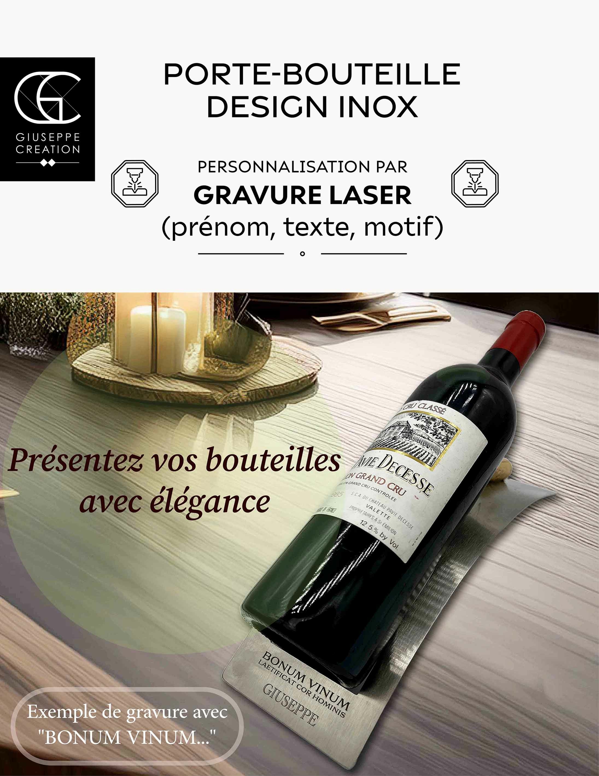 Porte bouteille de vin inox, personnalisation par gravure laser