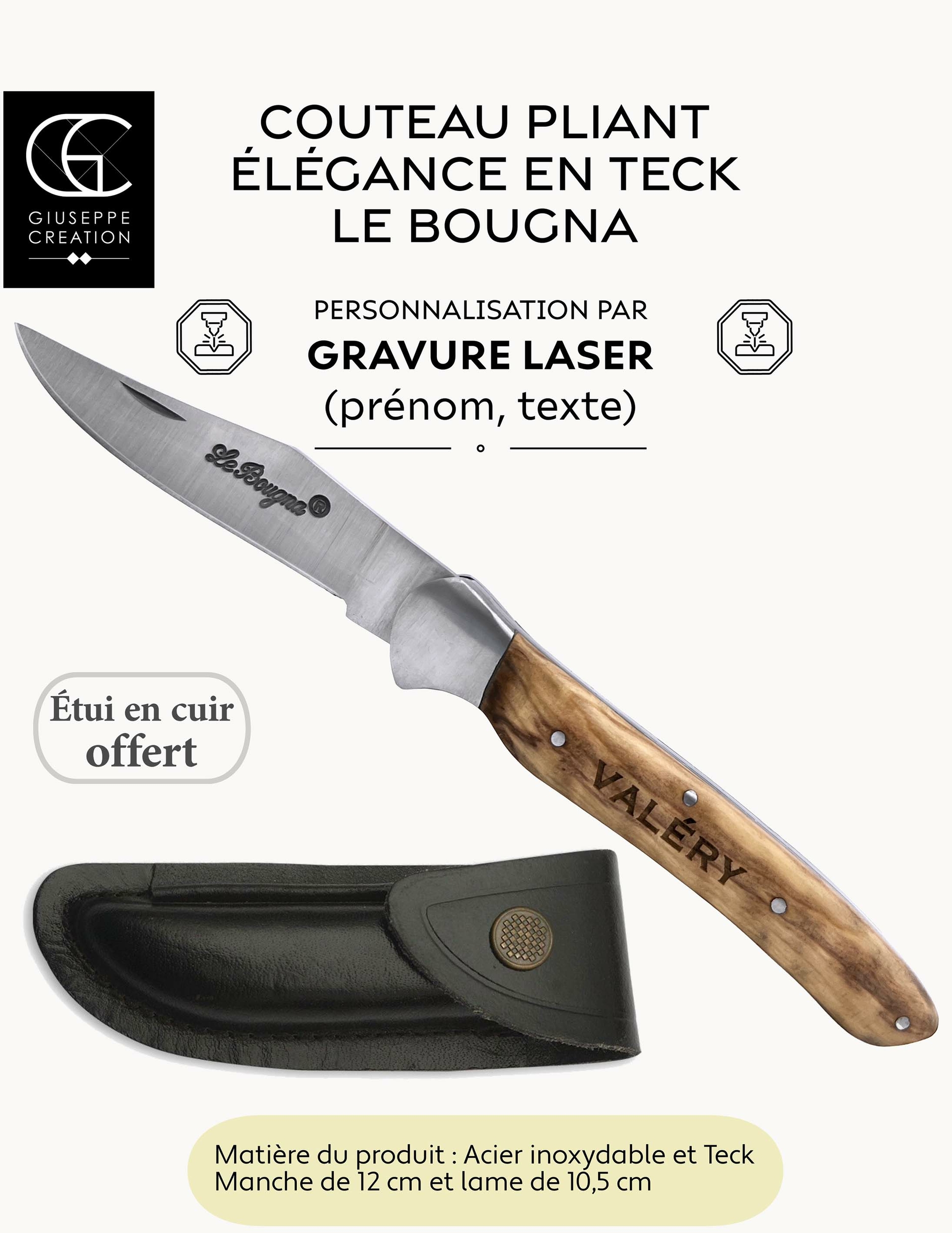 Couteau ÉLÉGANCE avec gravure comprise + Etui offert