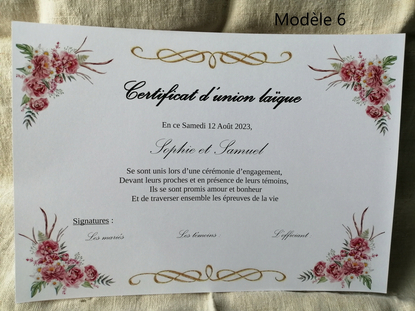 certificat d'union laïque, personnalisable, 6 modèles au choix