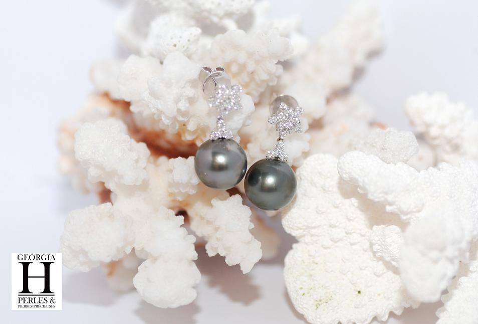 Boucles doreilles Flocons de brillants et perles de tahiti (3)
