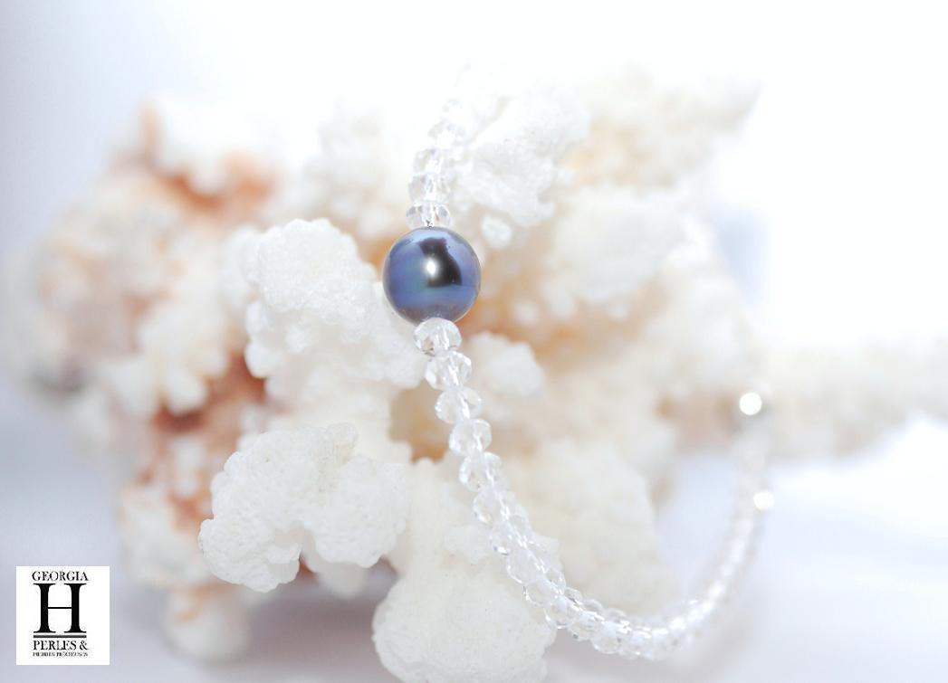 Bracelet Cristaux transparents et perle de tahiti bleu (2)