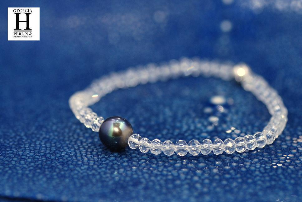 Bracelet Cristaux transparents et perle de tahiti bleu (6)