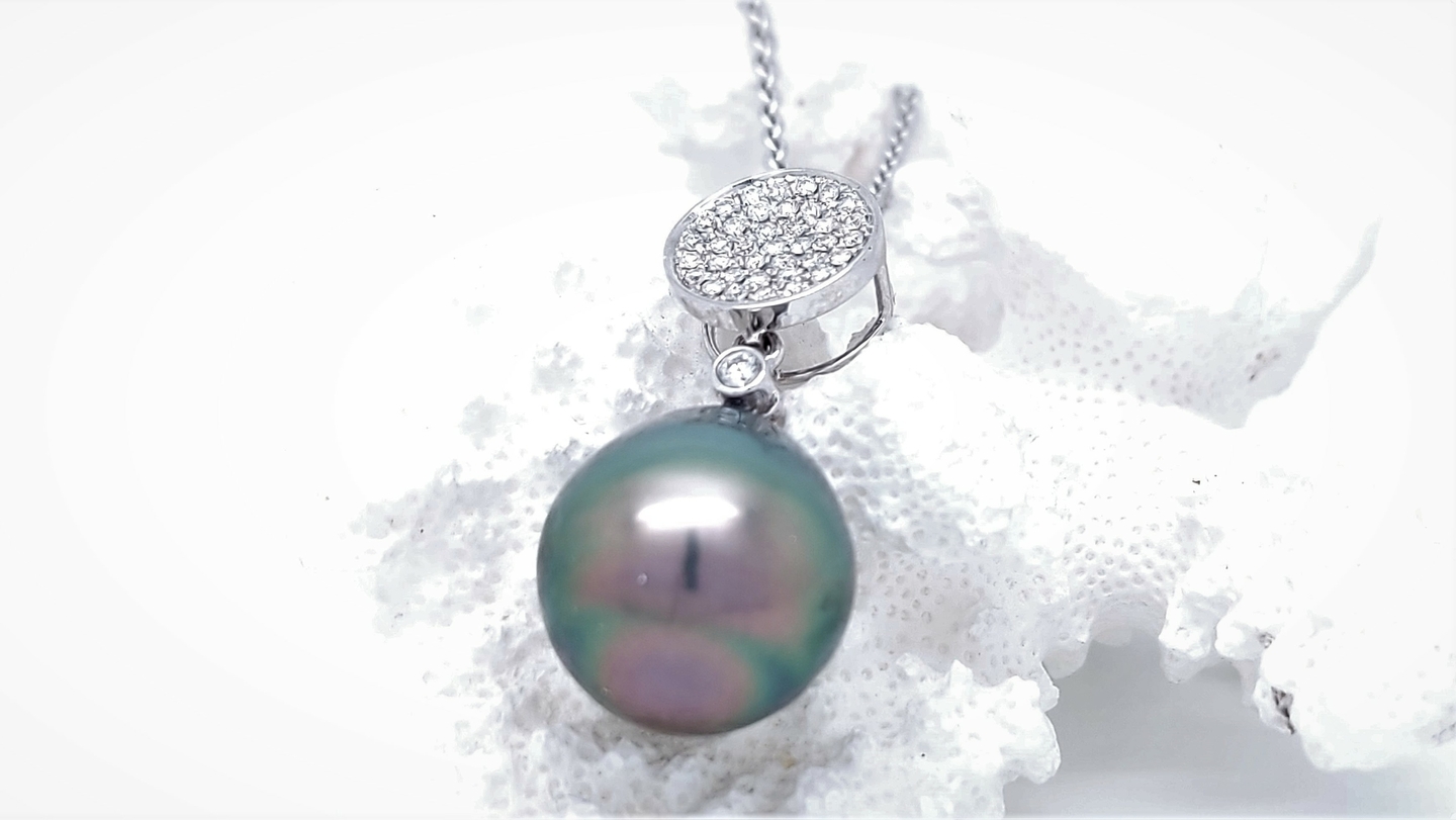Pendentif or blanc 18K et Diamants blancs 1 perle de Tahiti - PERLERIA
