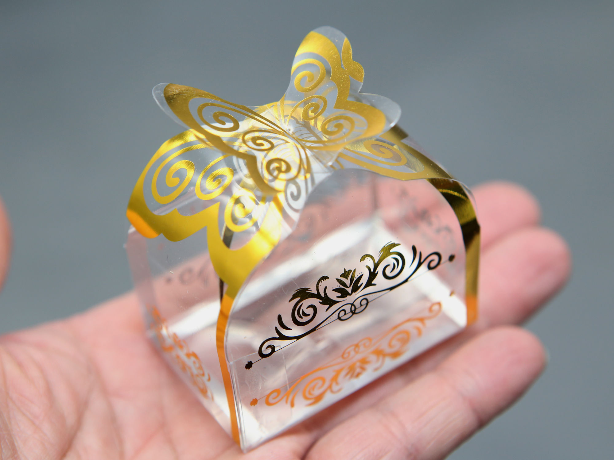 50 boîte cadeau papillon transparente pvc contenant à dragées BTPVC2 doré