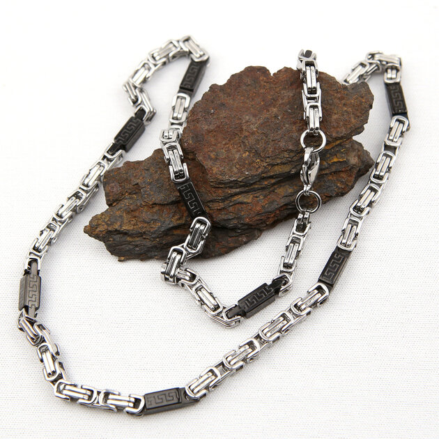 Parure Homme Chaîne + Bracelet Acier Plaqué Noir - Maille Byzantine 6mm, Style Bling - Neuf Avec étiquettes