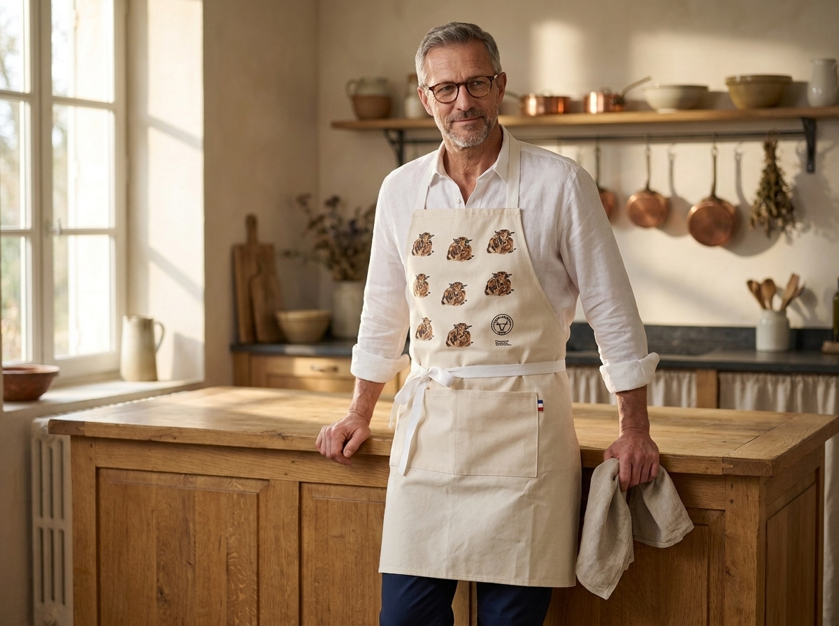 Jean portant le tablier de cuisine coton motif vache Aubrac dans sa cuisine - Retour dAubrac - aveyron