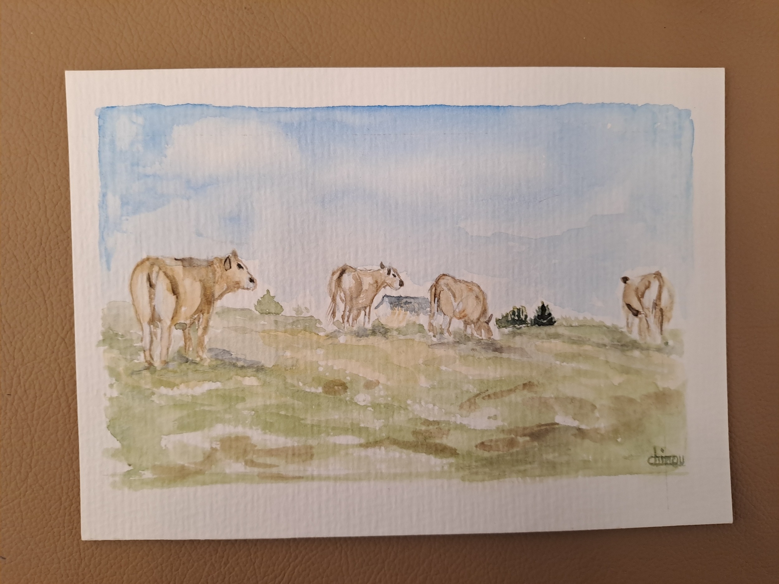 aquarelle troupeau vaches Aubrac-Chinou-Retour dAubrac