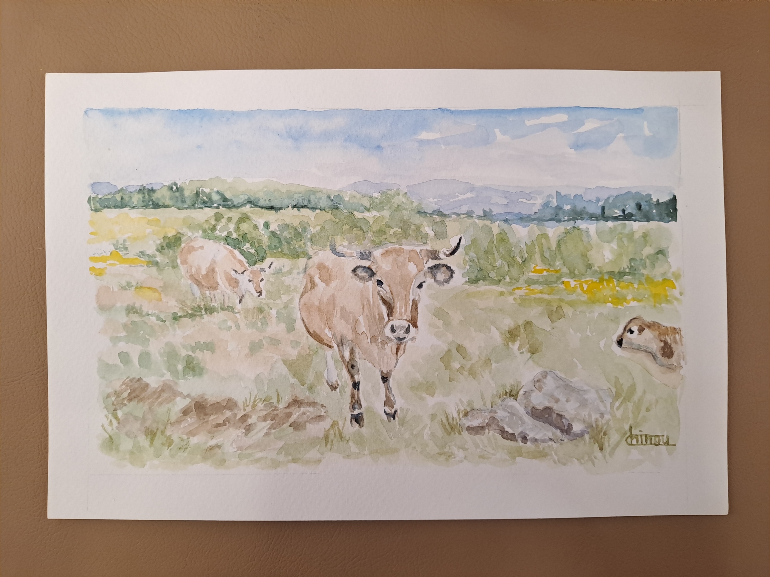 peinture vache Aubrac et ses veaux-Retour dAubrac