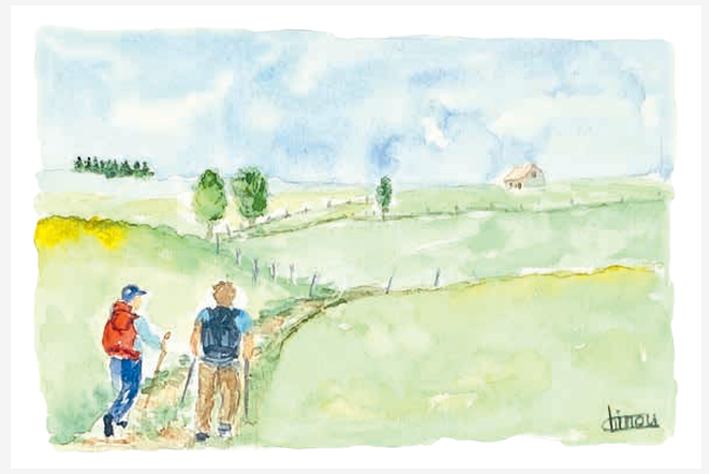 carte postale-aquarelle-marcheurs de Saint Jacques-plateau de lAubrac-Retour dAubrac-Aveyron-cadeaux français