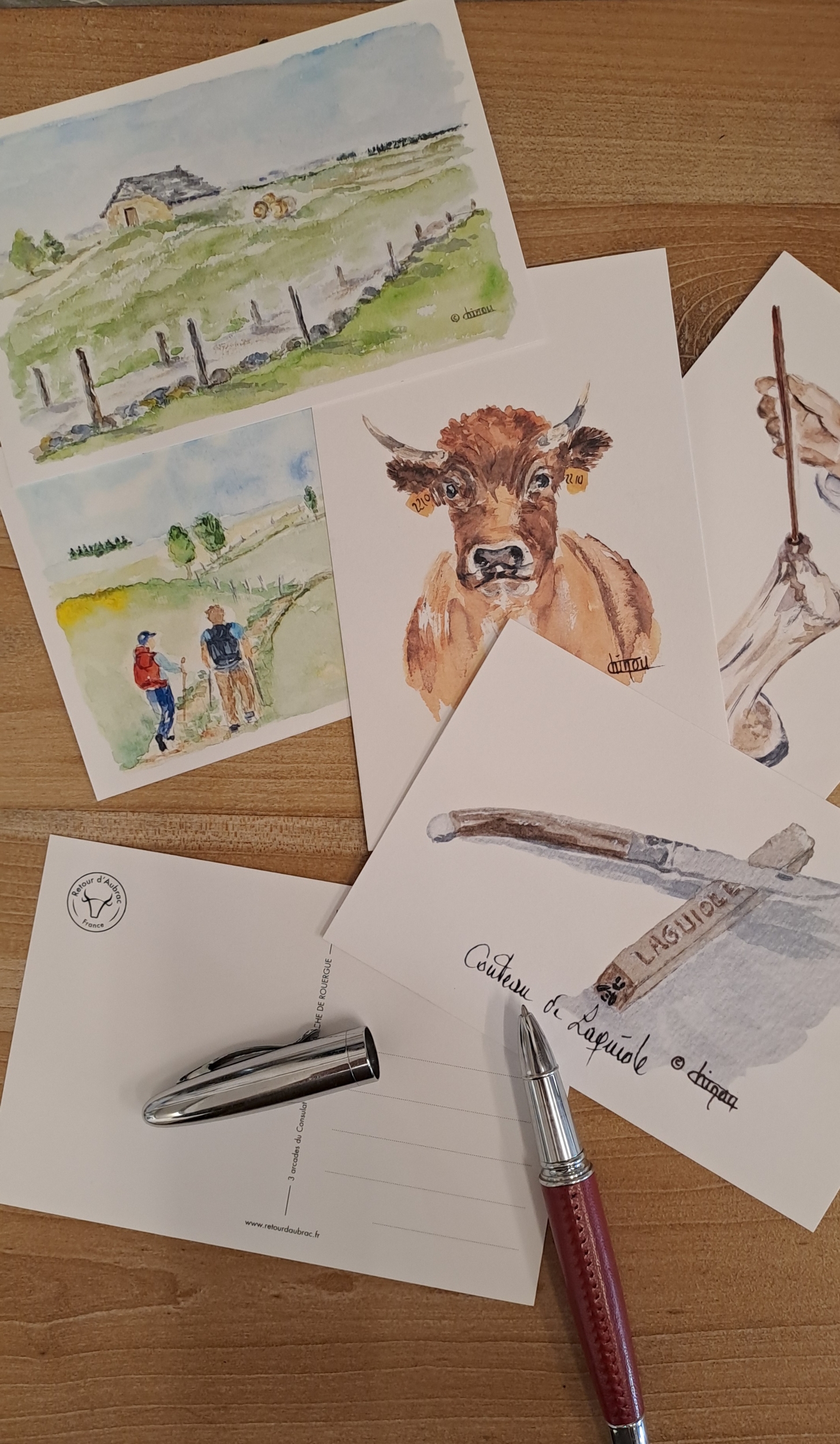 carte postale-aquarelle-Retour dAubrac-Aveyron-cadeaux français2
