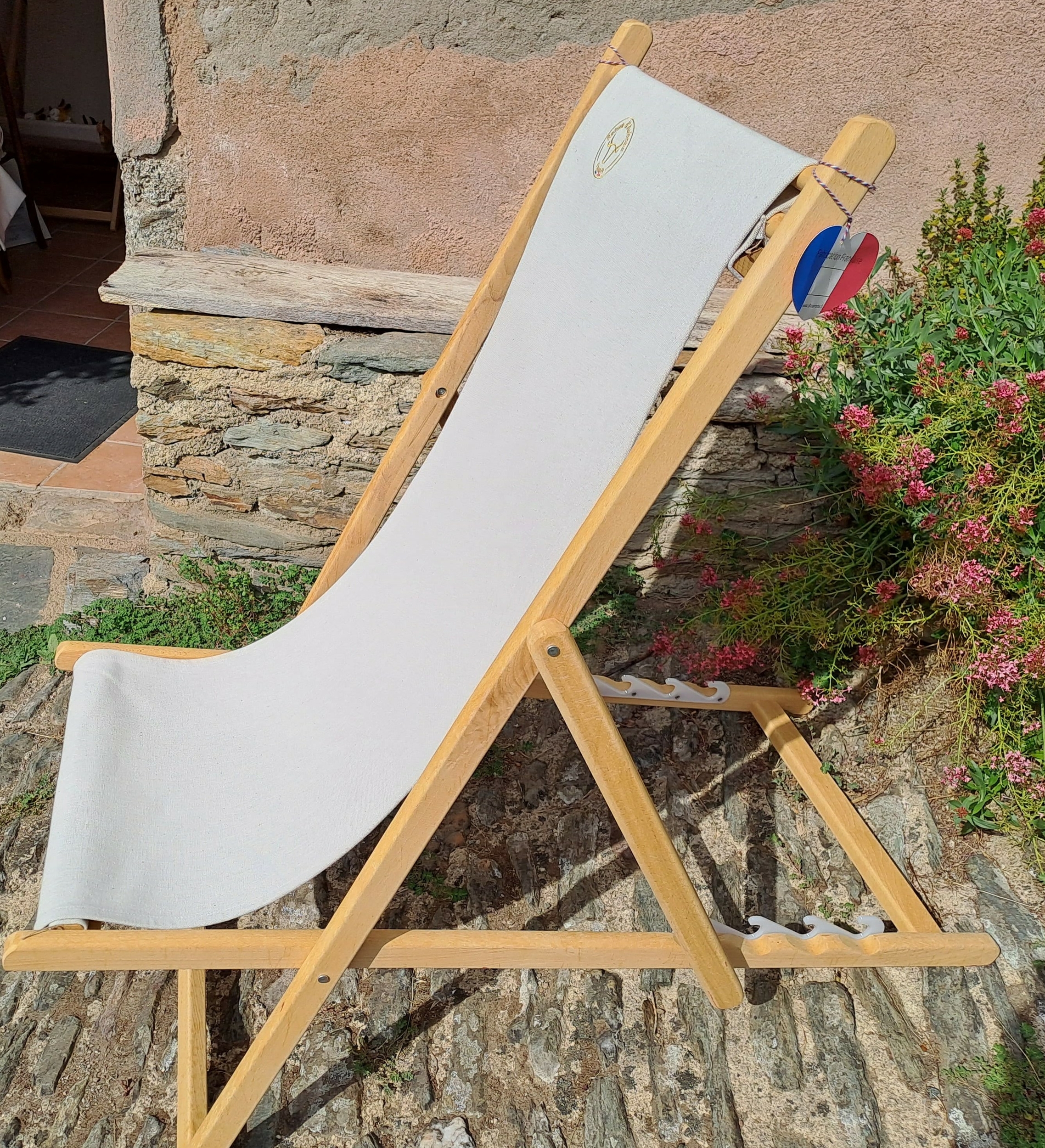 transat en hêtre avec toile en coton naturel brodé