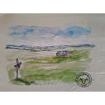 Torchon Aveyron représentant le plateau de l’Aubrac avec un buron, des clôtures en pierre et des chaussures de randonnée- Retour d’Aubrac-Aveyron-cadeau français-1