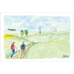 carte postale-aquarelle-marcheurs de Saint Jacques-plateau de lAubrac-Retour dAubrac-Aveyron-cadeaux français