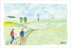 carte postale-aquarelle-marcheurs de Saint Jacques-plateau de l'Aubrac-Retour d'Aubrac-Aveyron-cadeaux français