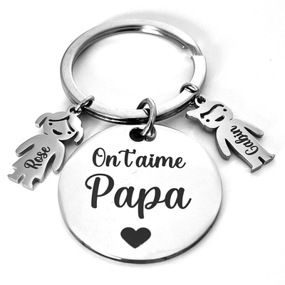Porte clé personnalisé gravé avec enfants idéal cadeau pour papa, fête des pères en inox miroir