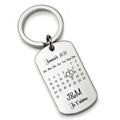 Porte clé personnalisé calendrier date en métal acier inoxydable, cadeau de rencontre, de naissance, d'anniversaire, saint Valentin