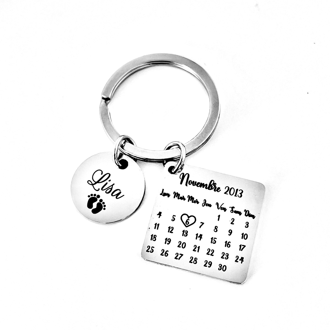 Porte clé personnalisé calendrier et médaille en inox miroir - Porte