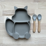 Ensemble assiette et couverts en silicone écureuil gris