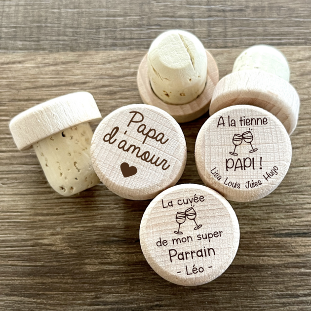 Bouchon Bouteille de Vin Personnalisé en Bois et Liège Naturel [1 à 100 ex]  - Haute Qualité, un cadeau original pour Anniversaire, Papy, Mariage