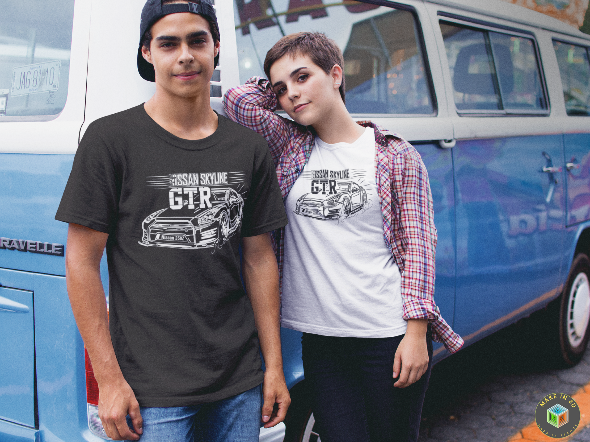 couple-wearing-different-round-neck-tees-mockup-against-a-blue-van-a16443