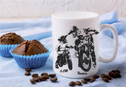 White mug mockup with coffee beans and two chocolate muffins