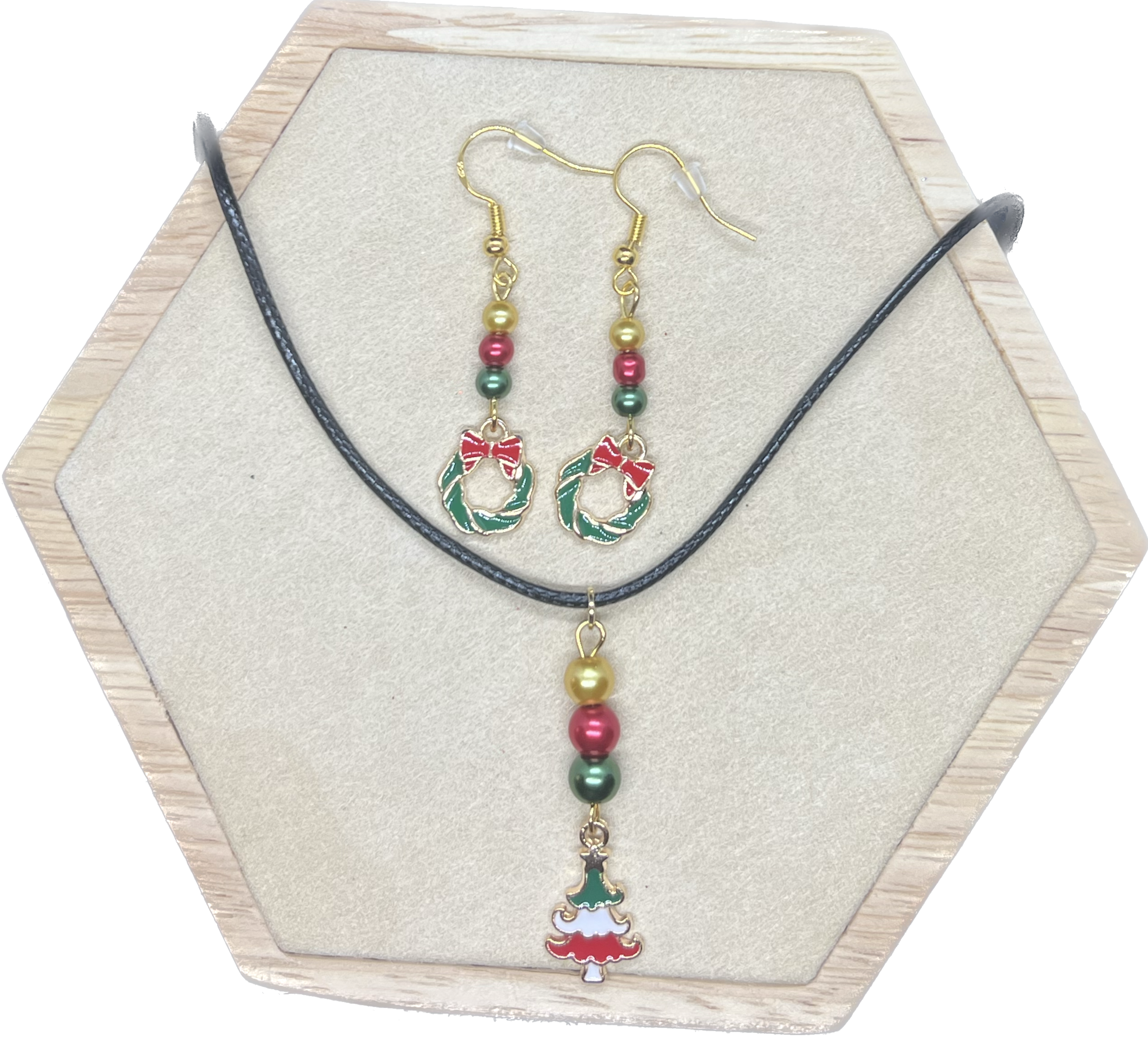 boucles oreilles couronne noel - pendentif sapin 3 vert blanc rouge (Pa18b)