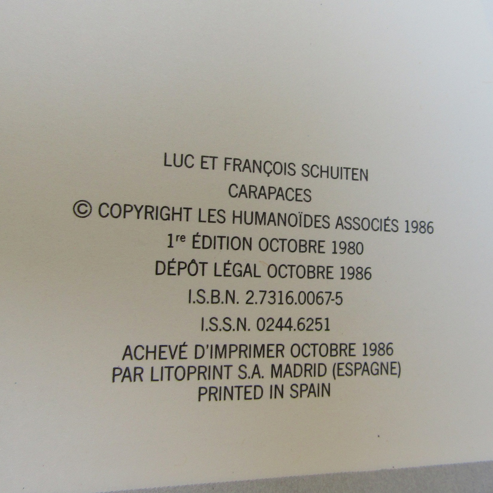 BD. Carapaces. Luc et François Schuiten. les humanoïdes associés. 1986