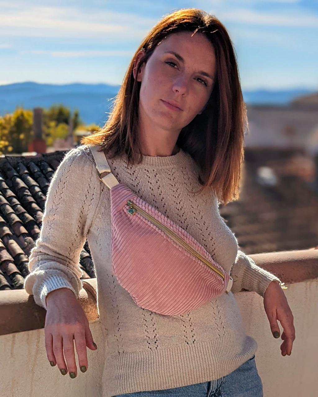 sac banane velours cotele rose