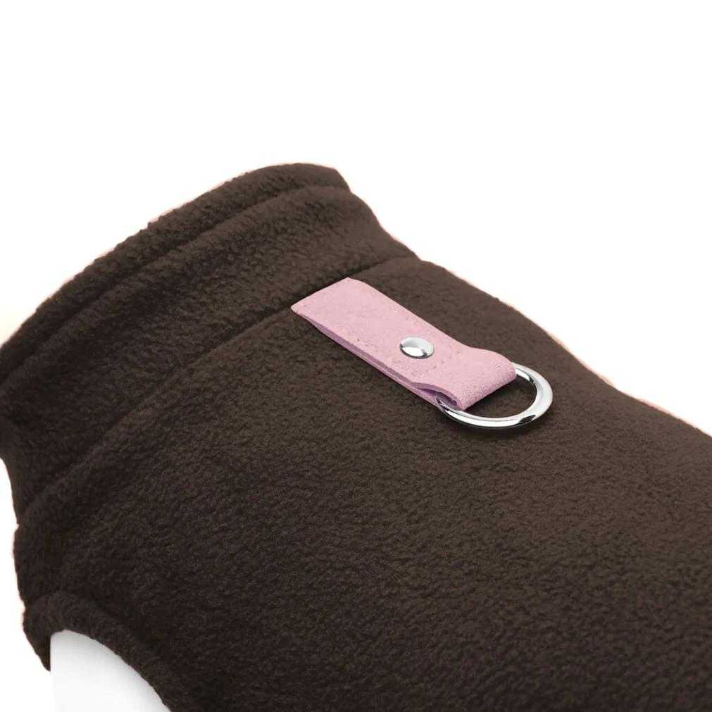 gooby-brown-fleece-vest-with-pink-tag-d-ring-leash-attachment-detail-view-1024x1024px