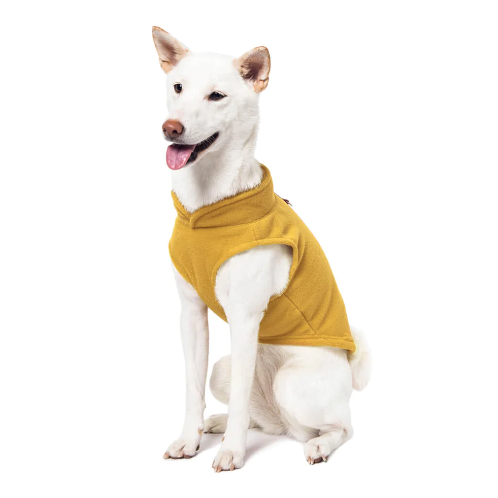 a-shiba-inu-wearing-gooby-honey-mustard-fleece-vest-sitting-down-and-smiling-side-45-degrees-view-1024x1024px
