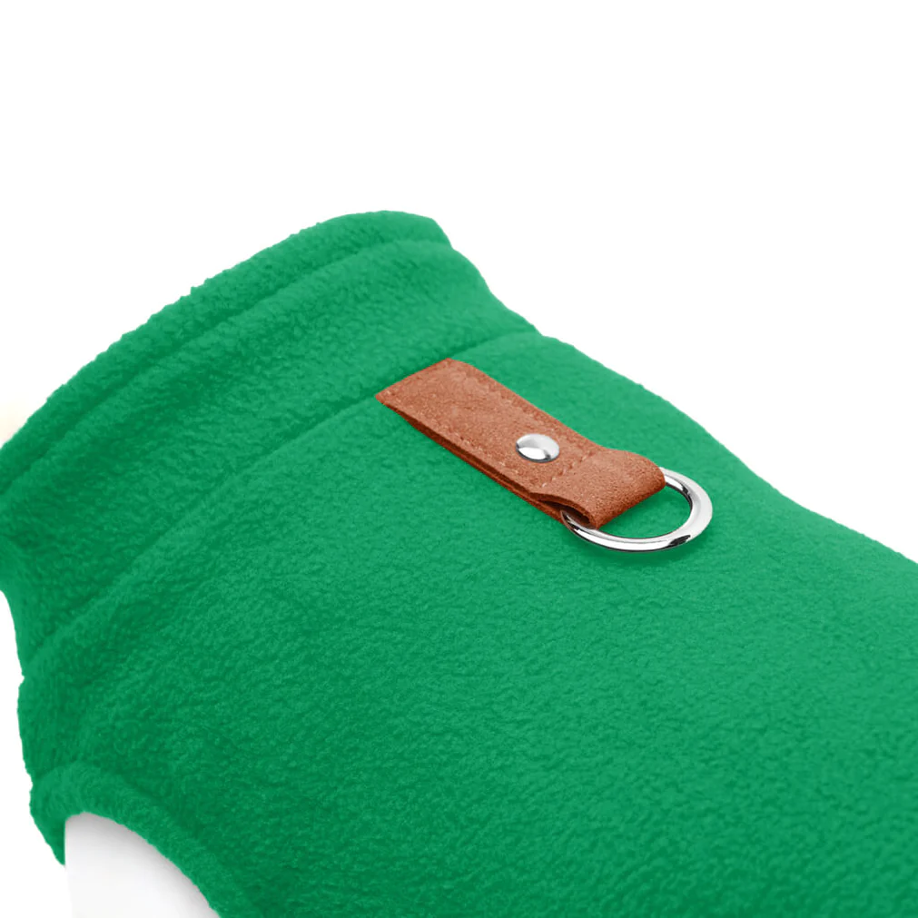 gooby-green-fleece-vest-with-brown-tag-d-ring-leash-attachment-detail-view-1024x1024px