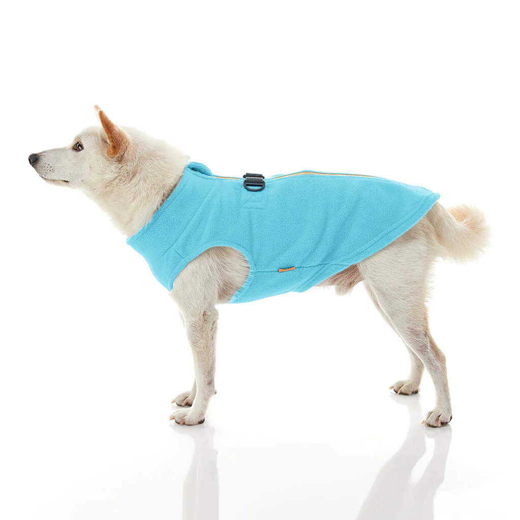 gooby-office-dog-loki-a-white-shiba-inu-wearing-turquoise-zip-up-fleece-vest-standing-up-side-view-1024x1024px