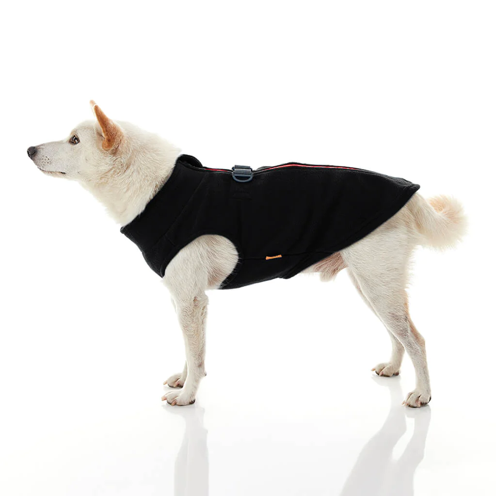 gooby-office-dog-loki-a-white-shiba-inu-wearing-black-zip-up-fleece-vest-standing-up-side-view-1024x1024px