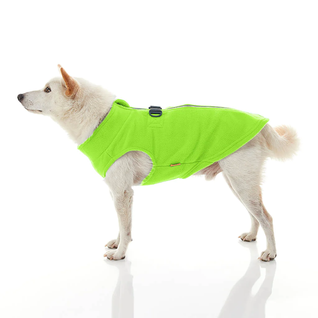 gooby-office-dog-loki-a-white-shiba-inu-wearing-lime-zip-up-fleece-vest-standing-up-side-view-1024x1024px