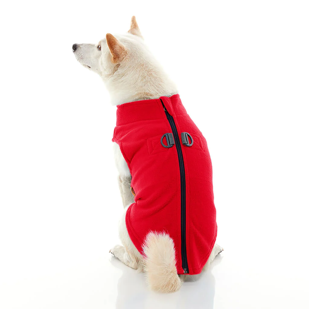 gooby-office-dog-loki-a-white-shiba-inu-wearing-red-zip-up-fleece-vest-sitting-down-back-view-1024x1024px