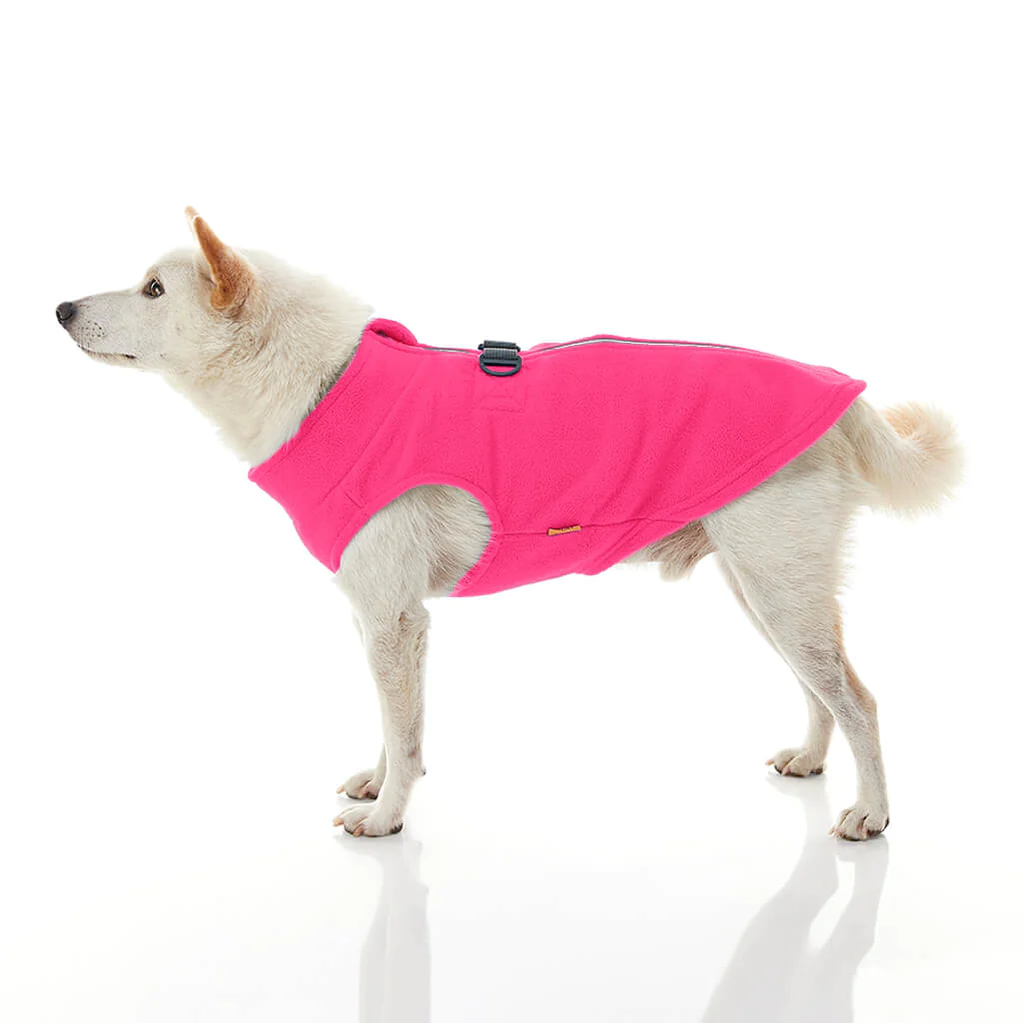 gooby-office-dog-loki-a-white-shiba-inu-wearing-pink-zip-up-fleece-vest-standing-up-side-view-1024x1024px