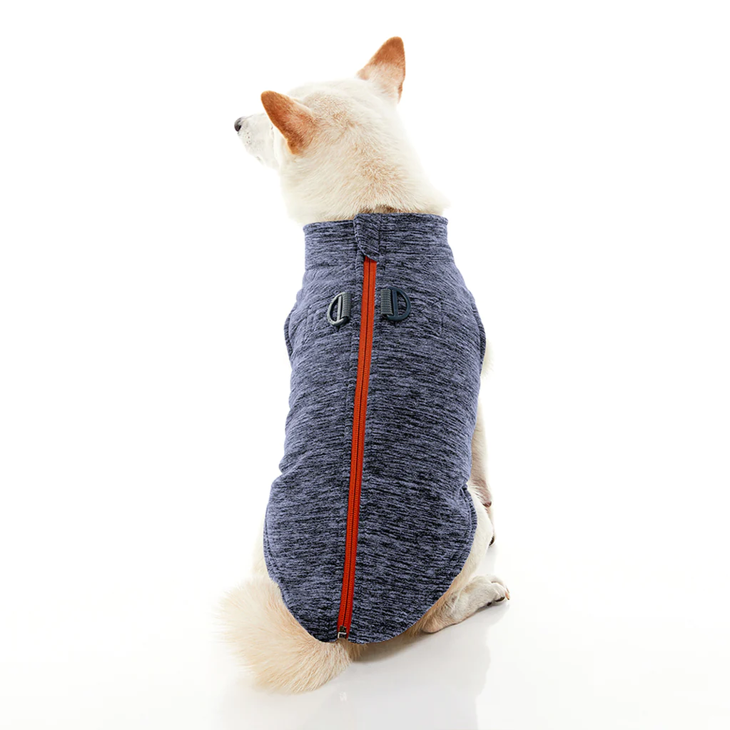 gooby-office-dog-loki-a-white-shiba-inu-wearing-gray-zip-up-fleece-vest-sitting-down-back-view-1024x1024px
