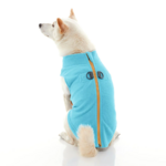 gooby-office-dog-loki-a-white-shiba-inu-wearing-turquoise-zip-up-fleece-vest-sitting-down-back-view-1024x1024px